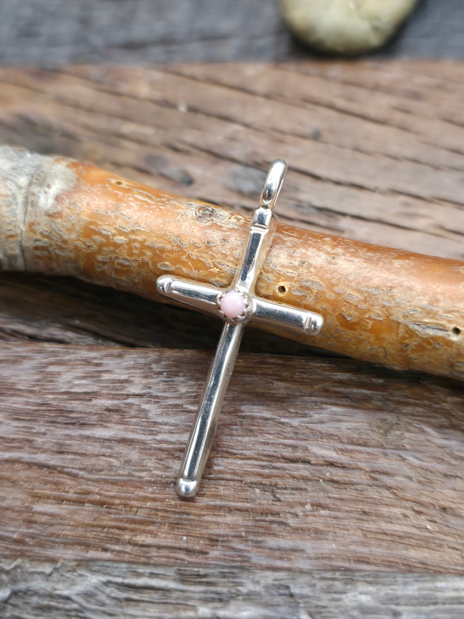Sterling Silver Pink Conch Petipoint Cross Pendant