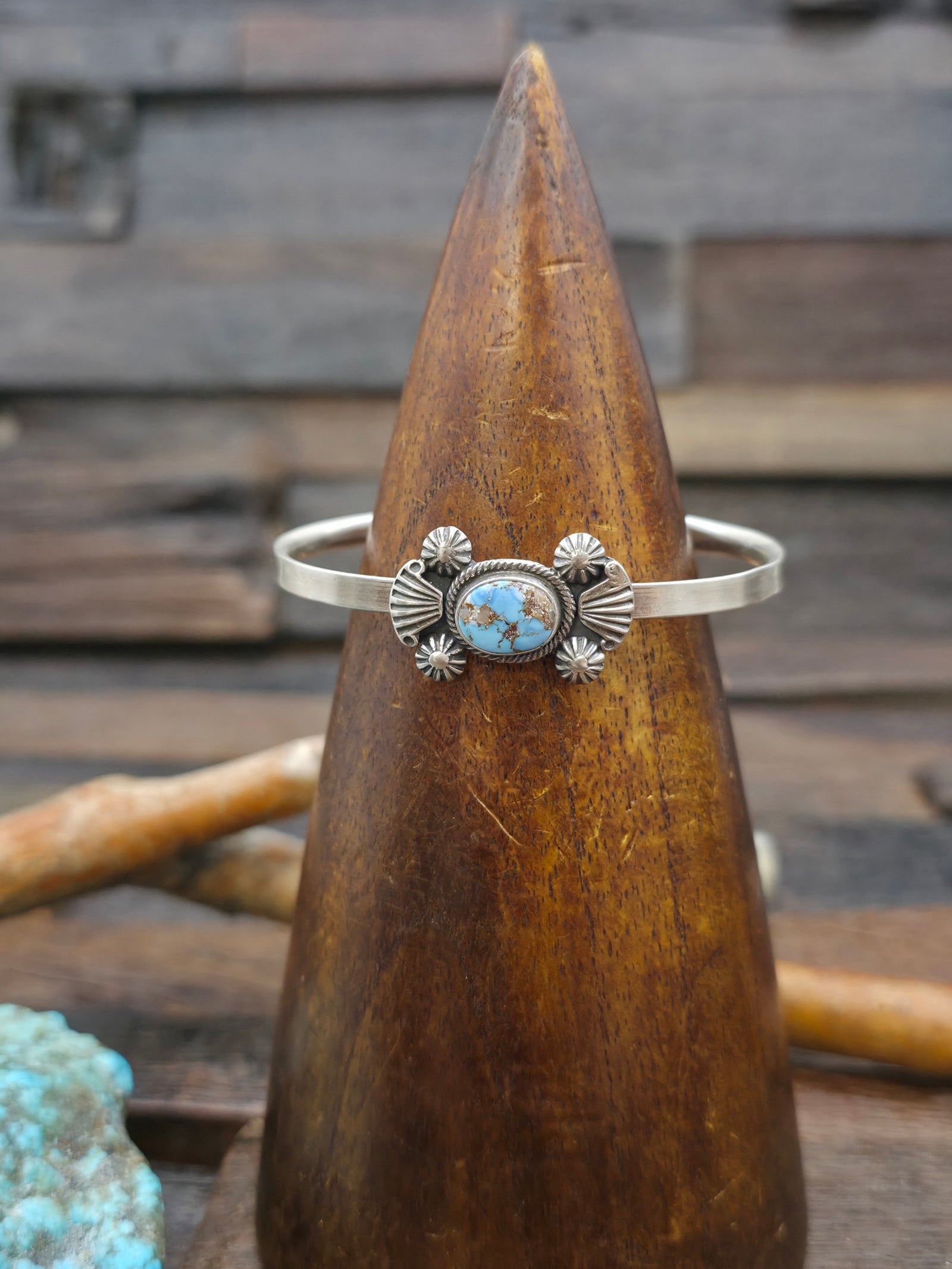 Stamped Sterling Silver Golden Hills Turquoise Cuff Bracelet by Genevive Francisco - 6 in. with Gap
