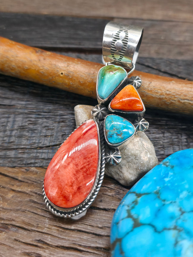Sterling Silver Blue Gem Turquoise and Spiny Oyster Pendant by Rosella Paxson - 3 in. by 1 in.