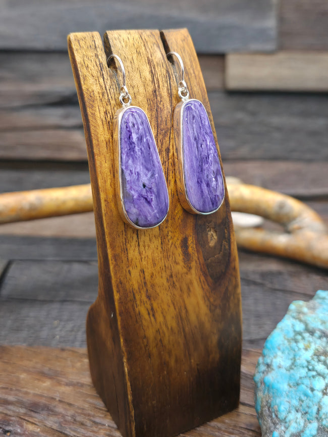 Sterling Silver Charoite Earrings by Shirley Henry - 2 1/8 in. by 5/8 in.