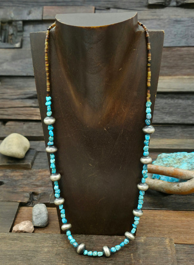 Turquoise and Sterling Silver Bead Necklace with Dark Heishi - 26 in.