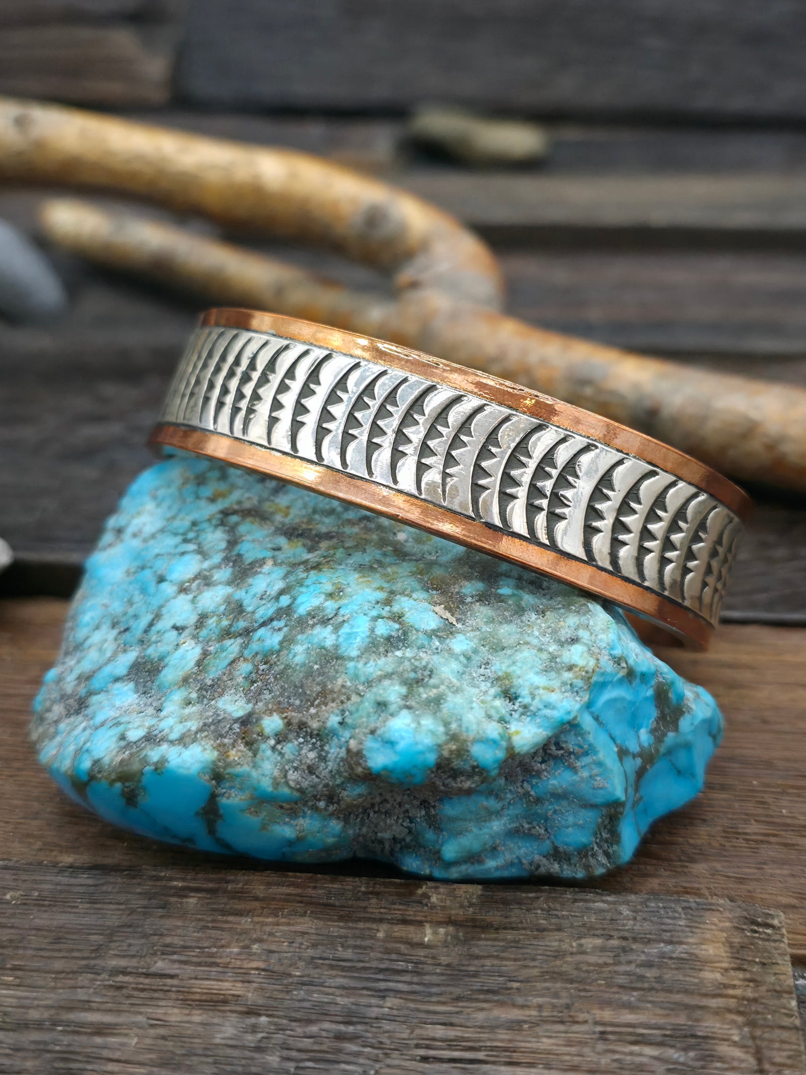 Copper and Stamped Sterling Silver Cuff by Jordan Gene - 7 1/2 in. w/Gap