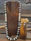 Stamped Sterling Silver and Blue Turquoise Bead Necklace and Earring Set by Sharon Cooley - 30 in.