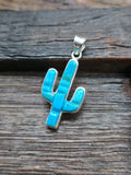 Sterling Silver Turquoise Cobblestone Inlay Cactus Pendant by Albert Topaha - 1 1/2 in. by 3/4 in.