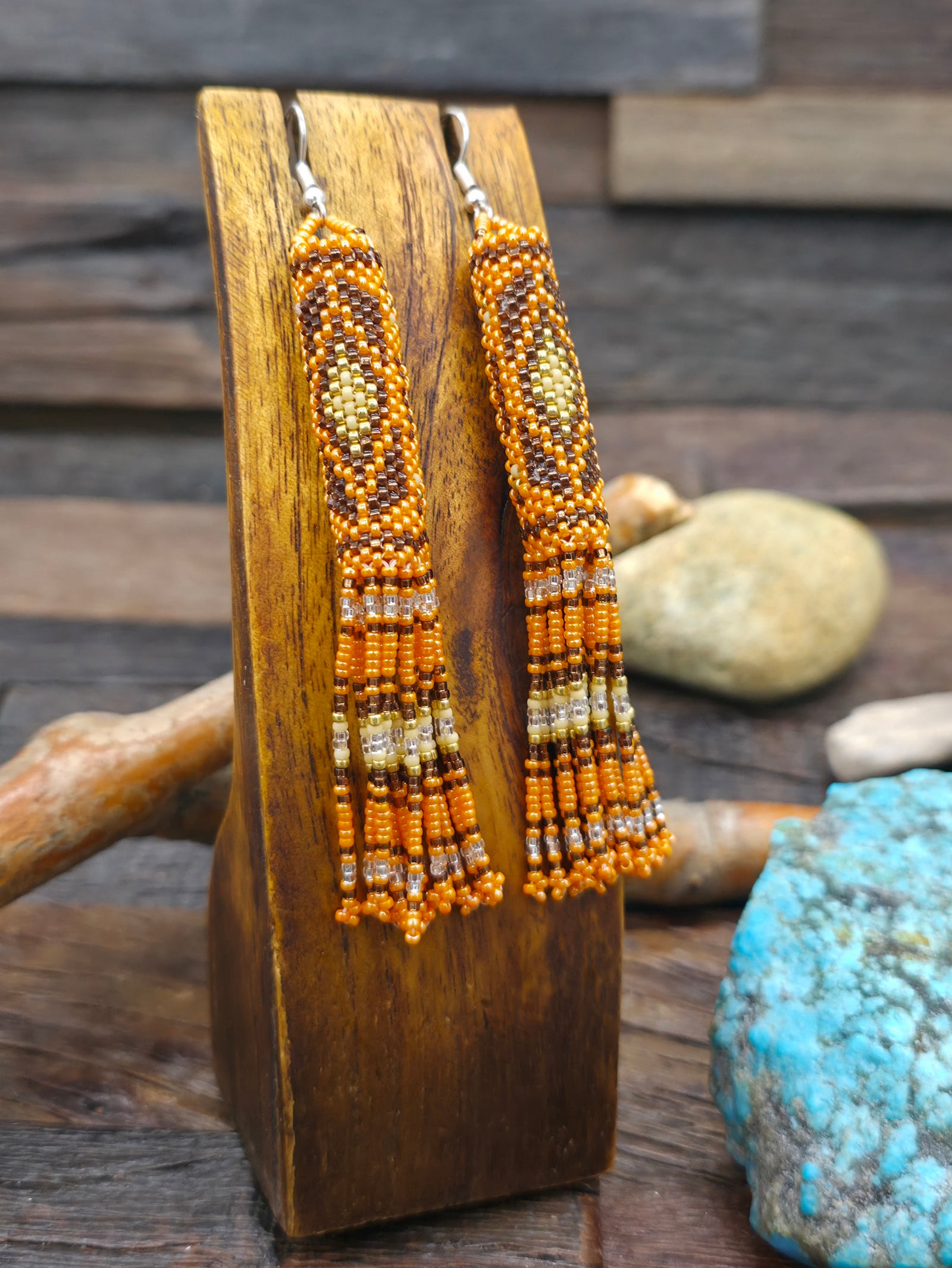 Beadwork Tassel Earrings by Margaret Lee - Peach - 4 in. by 1/2 in.