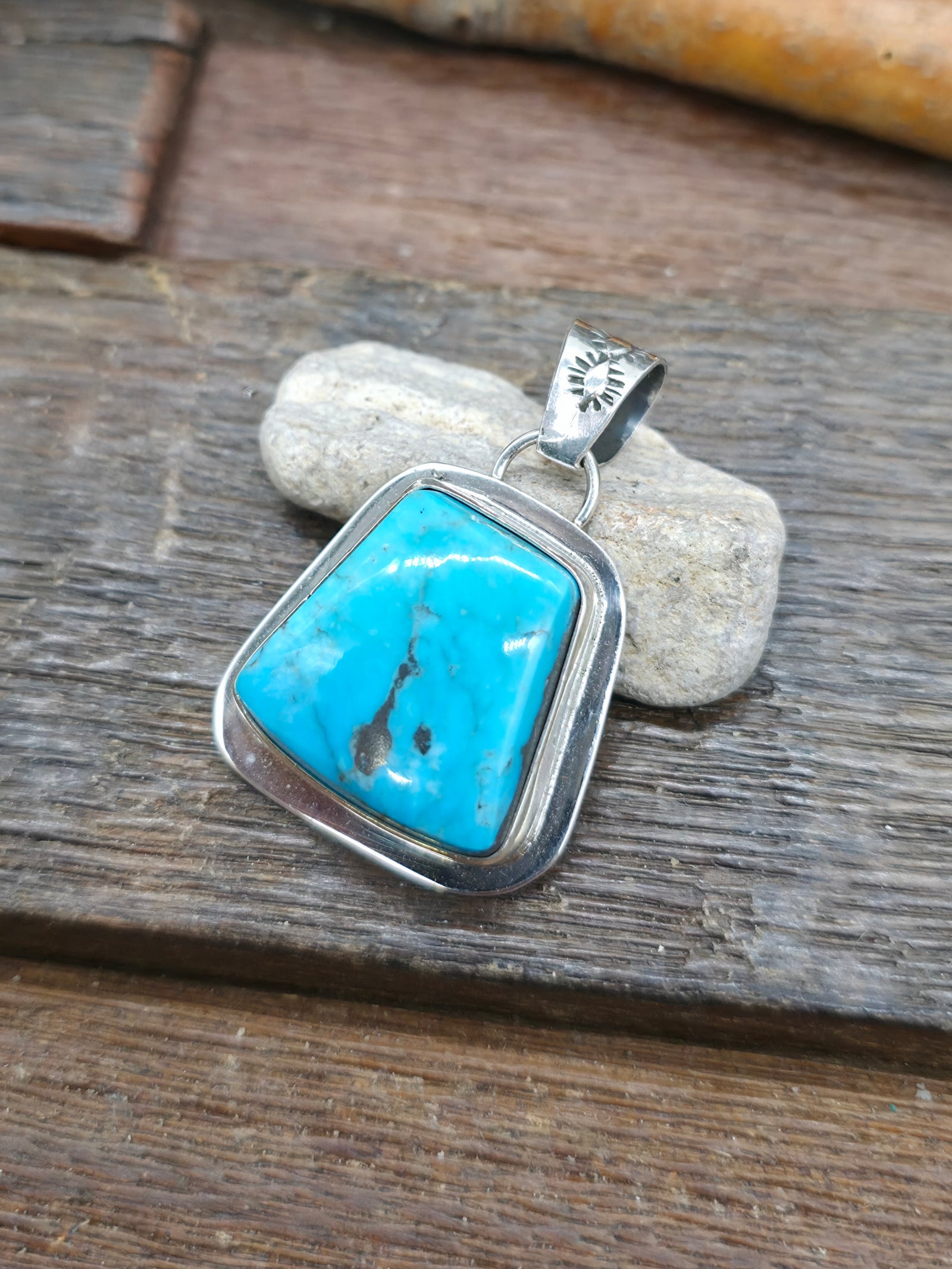 High Shine Sterling Silver Candelaria Turquoise Pendant by Rosella Paxson - 1 1/2 in. by 1 in.