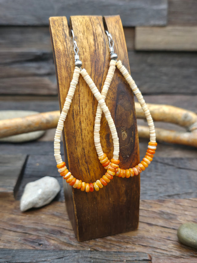 Orange Spiny Oyster and Melon Shell Heishi Jacla Earrings by Mary Vandever - 3 1/2 in. by 1 1/2 in.