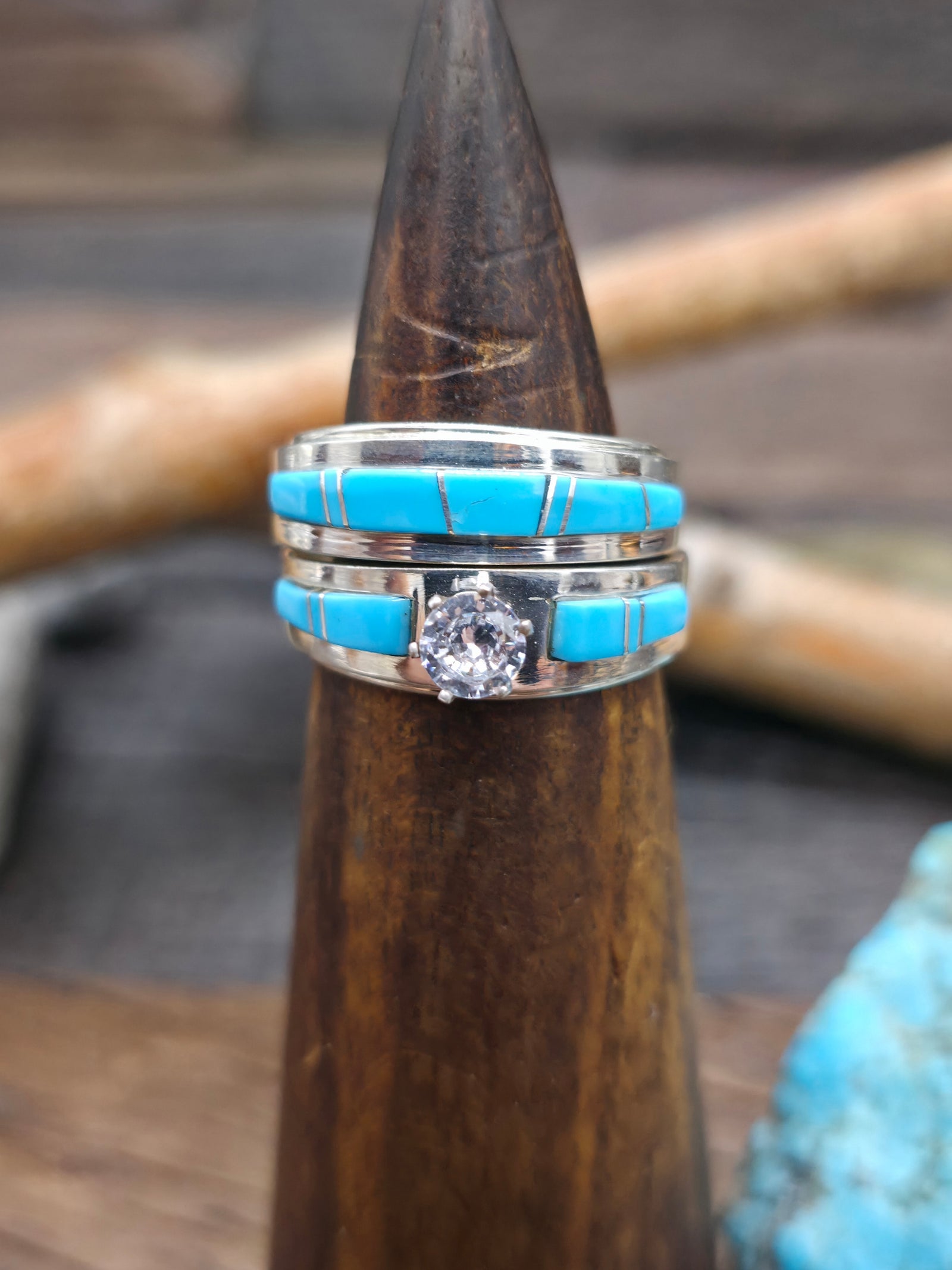 Sterling Silver Turquoise Inlay Wedding Band Set by Wilbert Muskett Jr