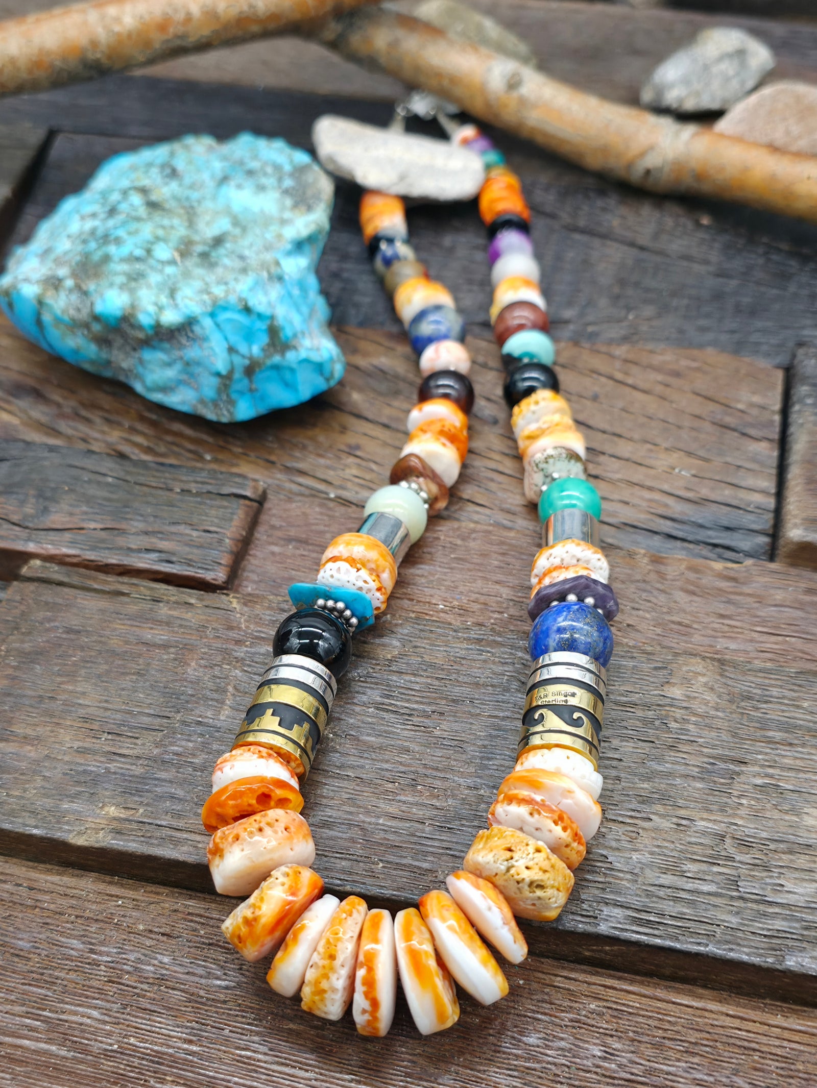 Spiny Oyster, Mixed Stone and Sterling Silver Necklace by Rose Singer - 20 in.