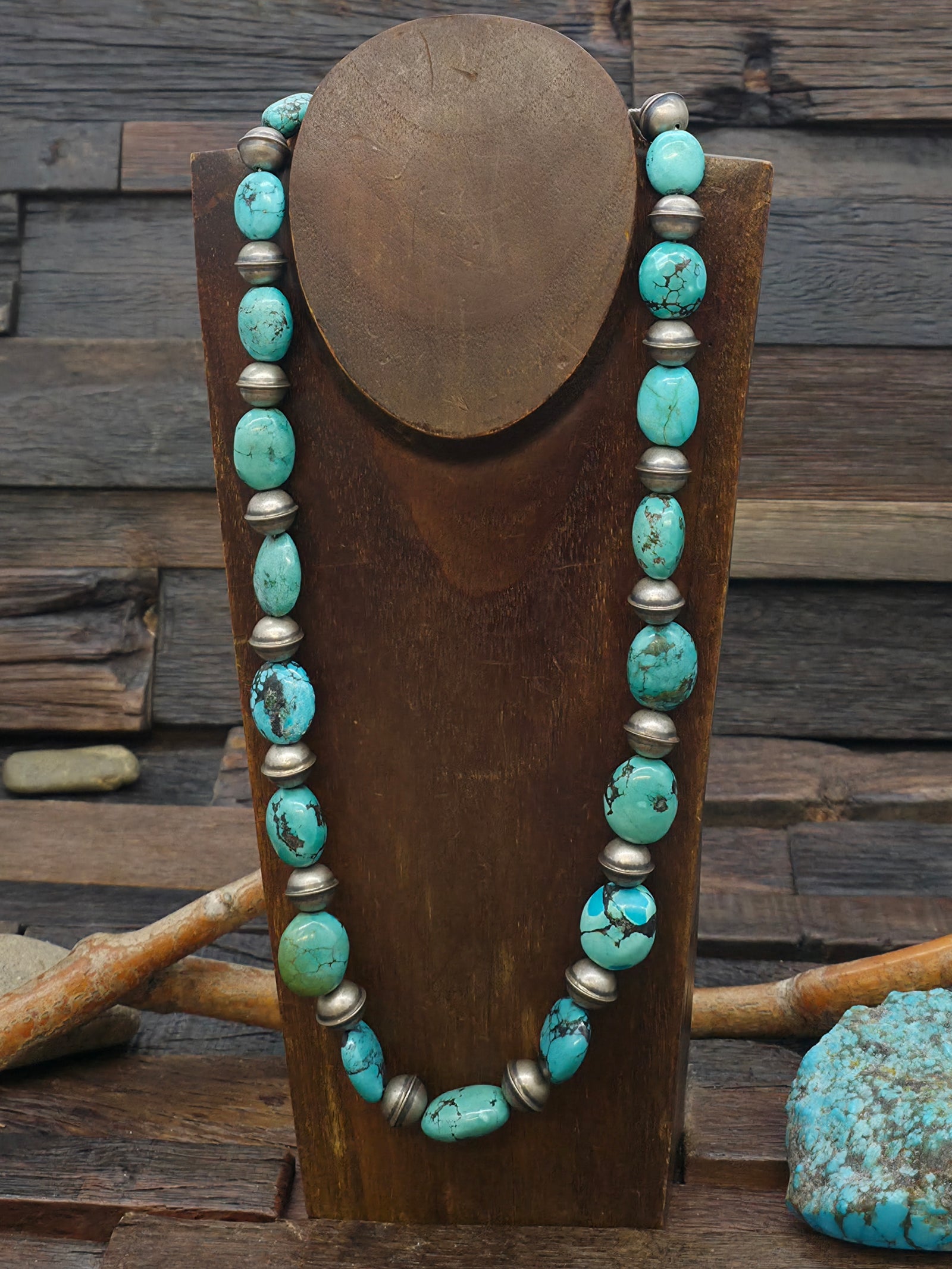 Blue Skyhorse Turquoise and Seamed Sterling Silver Bead Necklace - 24 in.