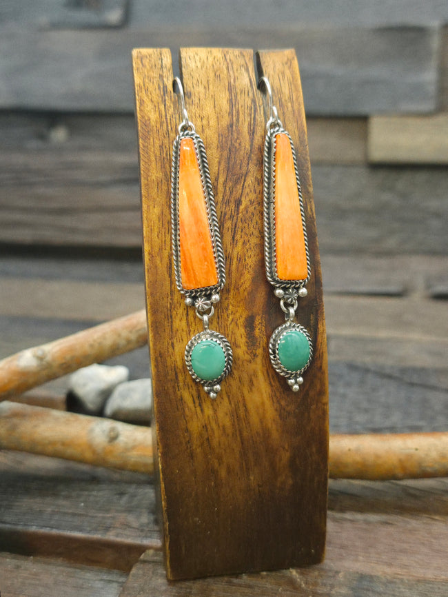 Sterling Silver Turquoise and Spiny Earrings by Brenda Jimenez - 3 in. by 1/2 in.