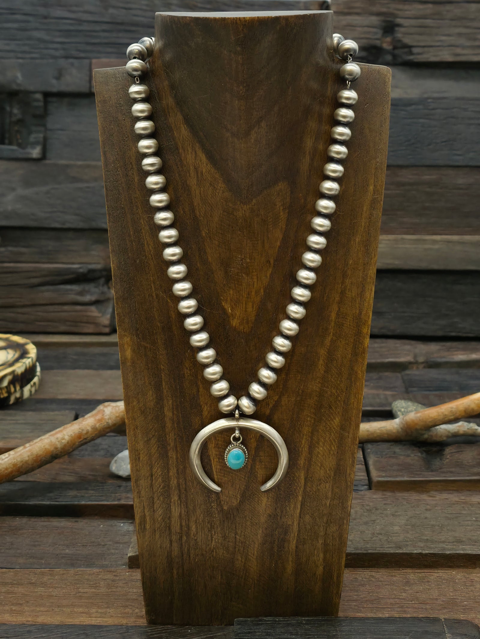 Sterling Silver Bead Sleeping Beauty Turquoise Naja Necklace by Geneva Apachito - 18 in.