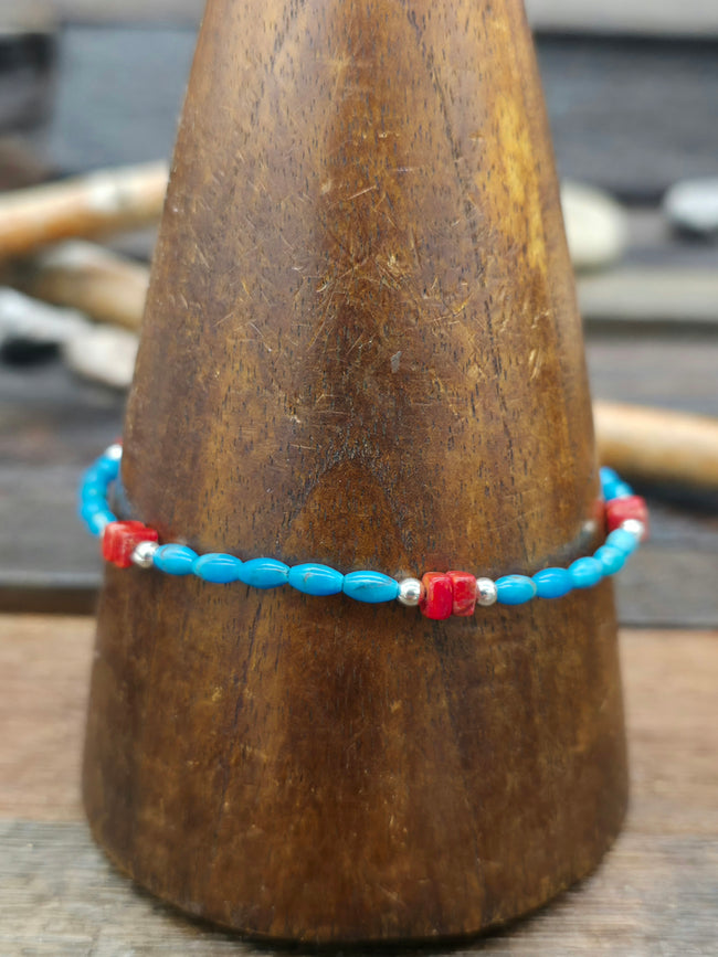 Turquoise, Sponge Coral, and Sterling Silver Bracelet - 8 in.