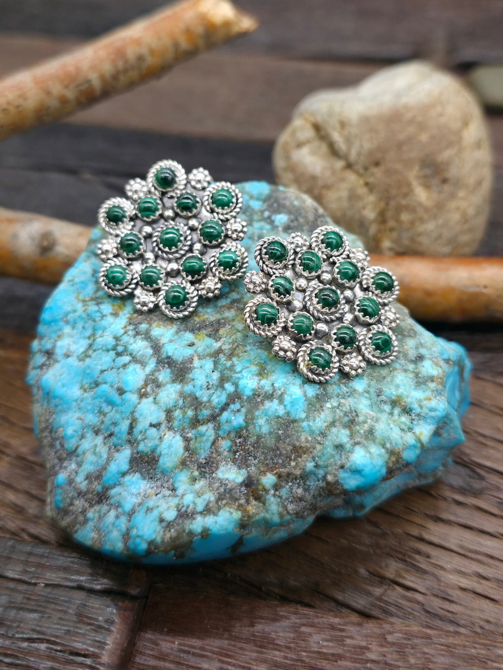 Sterling Silver Malachite Post Cluster Earrings by Dillon Cheama