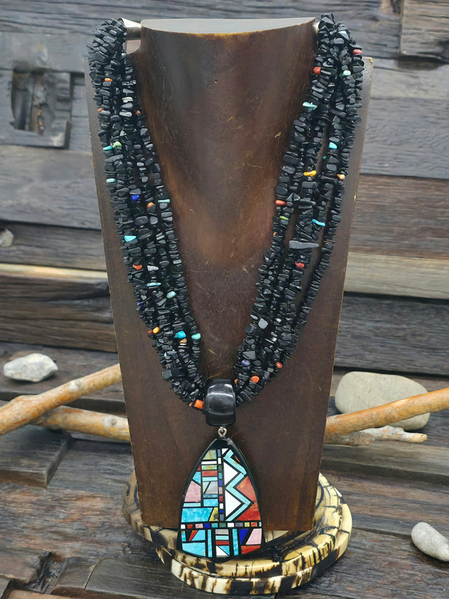 Six Strand Jet and Multi Stone Necklace with Mosaic Inlay Pendant by Chris Nieto - 18 in.