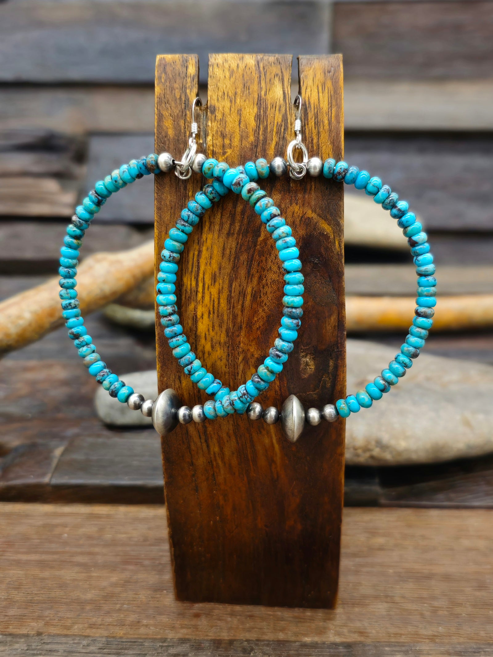 Blue Turquoise and Sterling Silver Bead Hanging Hoop Earrings
