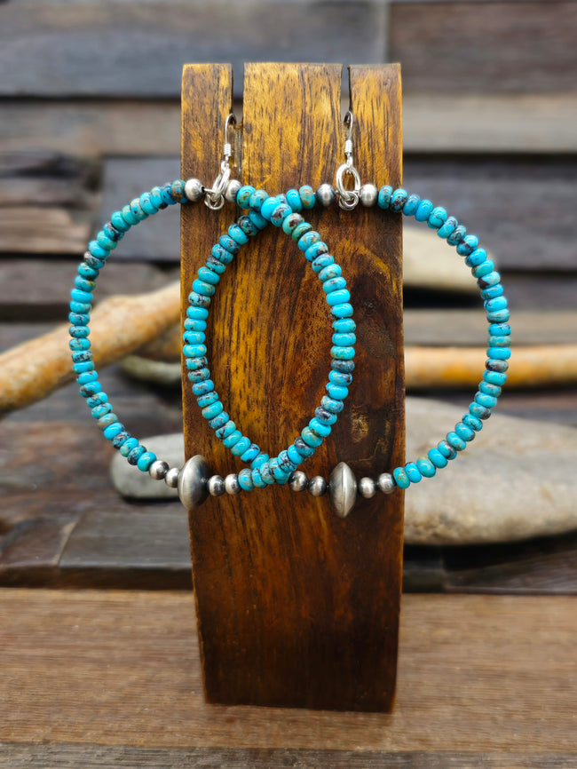 Blue Turquoise and Sterling Silver Bead Hanging Hoop Earrings