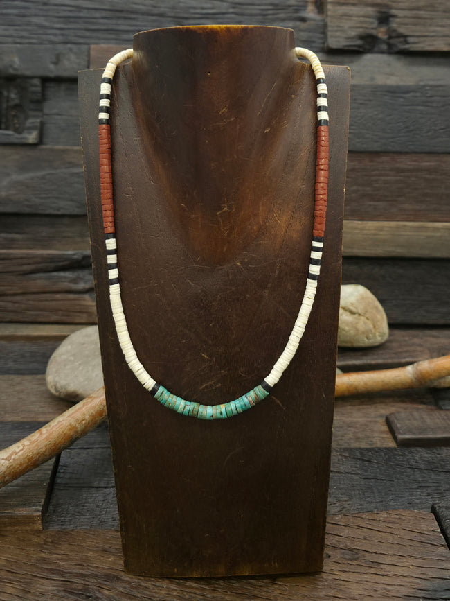Colorblock Necklace by Delbert Crespin - Jet, Turquoise Pipestone, and Clam Shell - 20 in.
