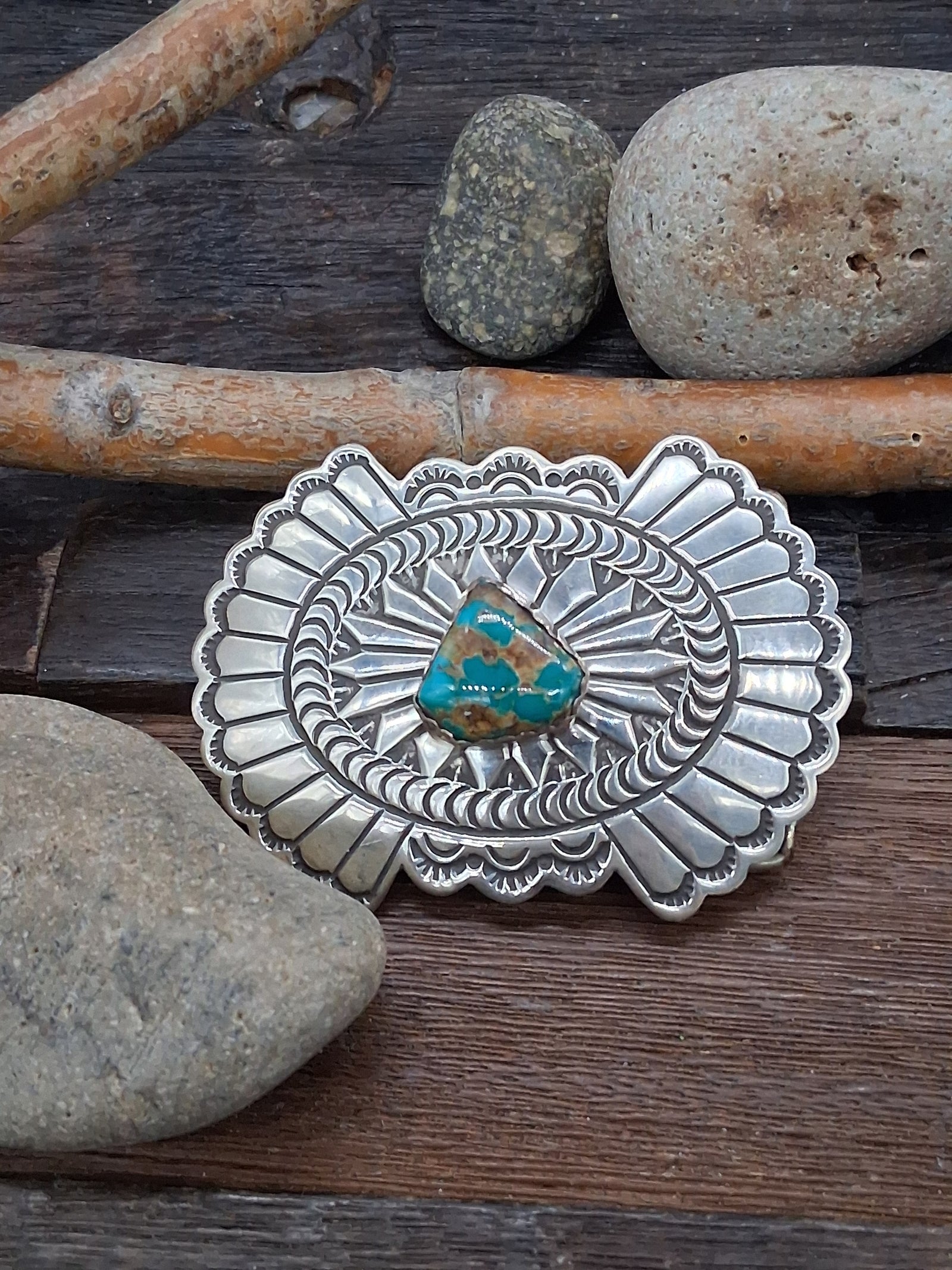 Stamped Sterling Silver and Blue Gem Turquoise Belt Buckle by Delbert Delgarito
