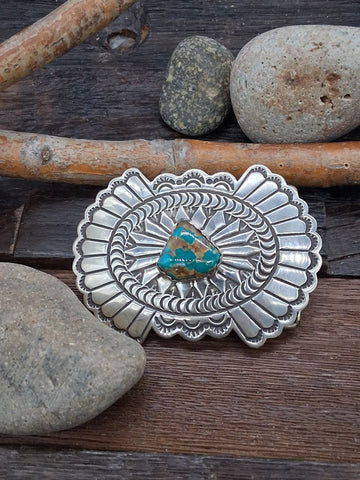 Stamped Sterling Silver and Sonoran Turquoise Belt Buckle by Delbert Delgarito