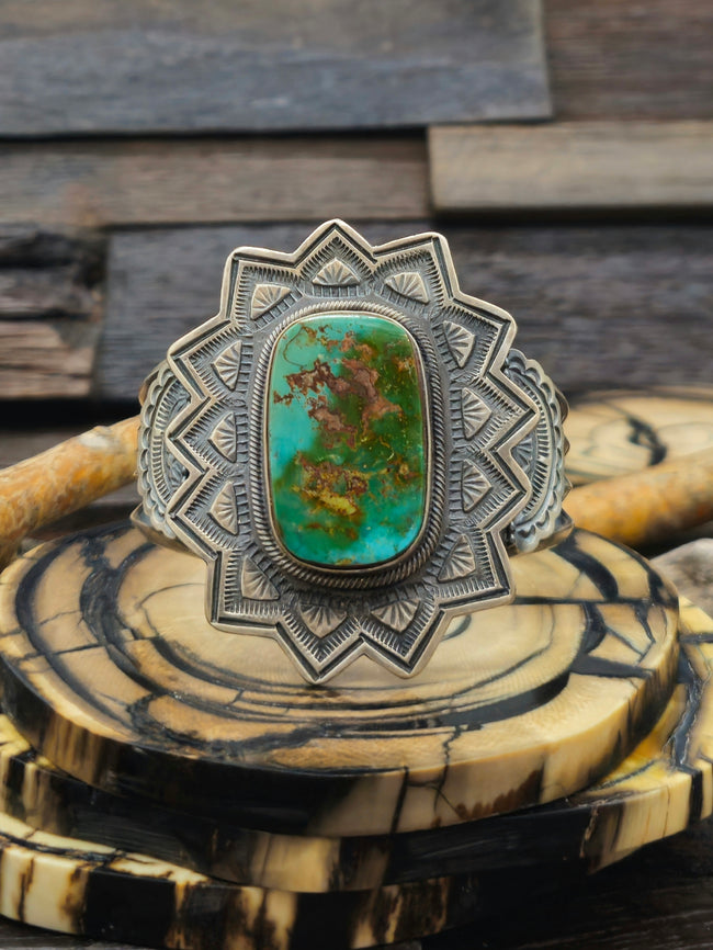 Green Turquoise Sterling Silver Cuff by Leon Martinez - 6 3/4 in.