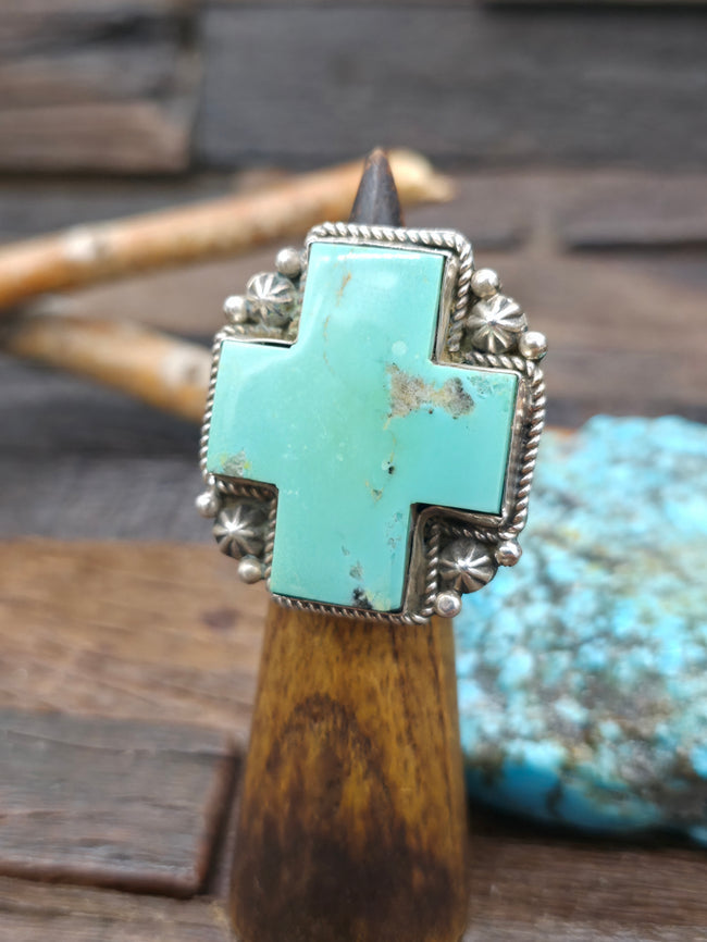 Large Campitos Turquoise Sterling Silver Santa Fe Cross Statement Ring by Richard Jim - Size 9