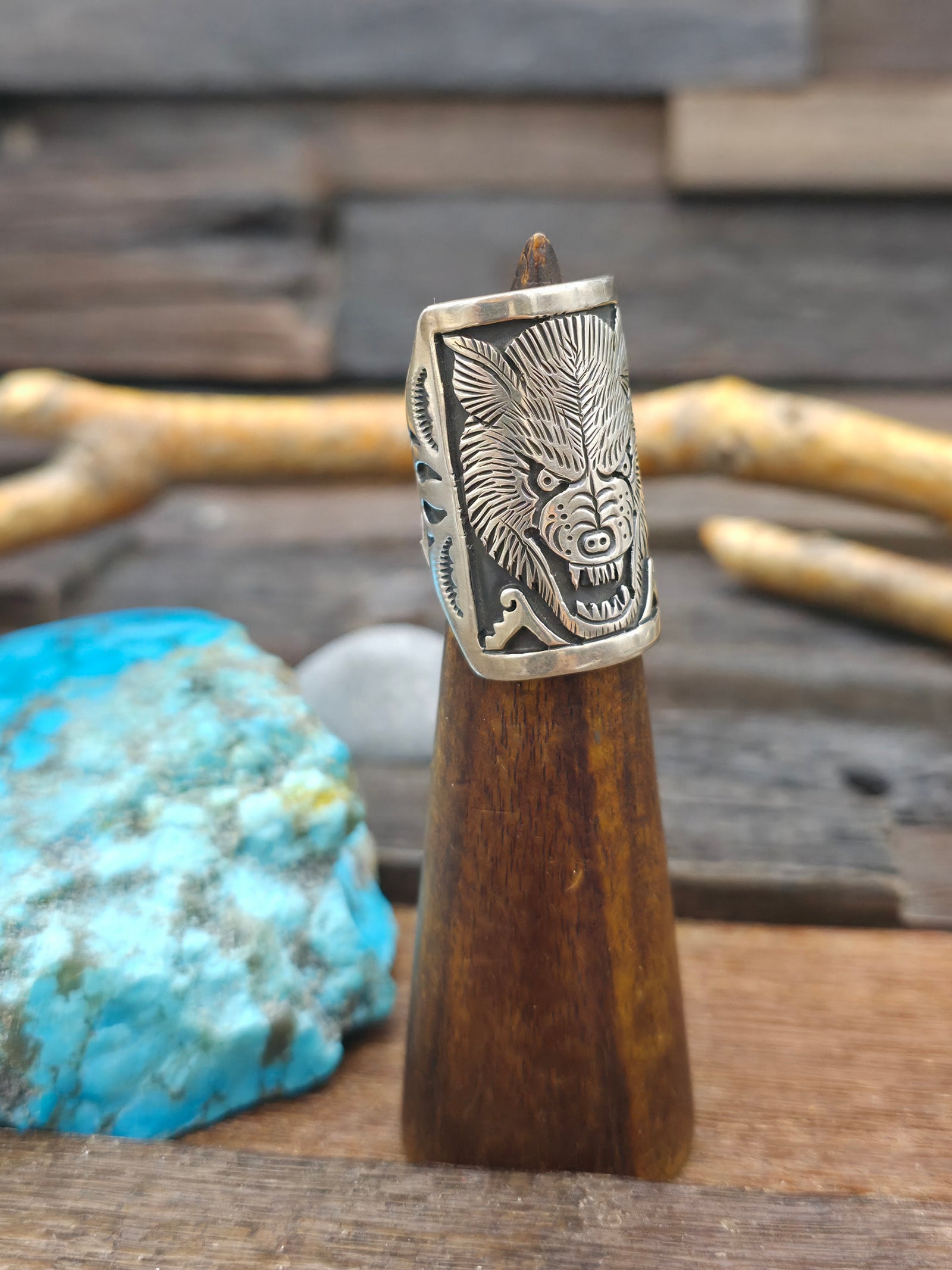 Sterling Silver Overlay Wolf Ring by Fred Charley - Size 7