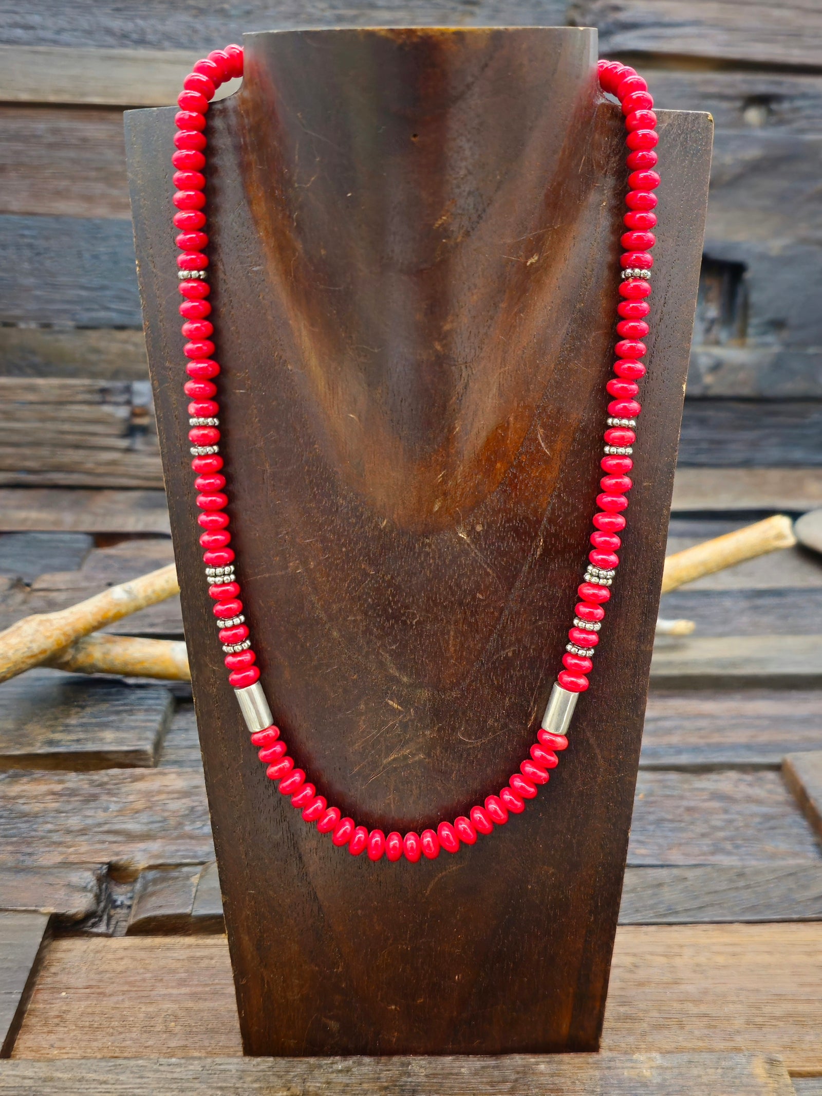Sterling Silver and Red Stone Bead Necklace by Rose Singer - 20 in