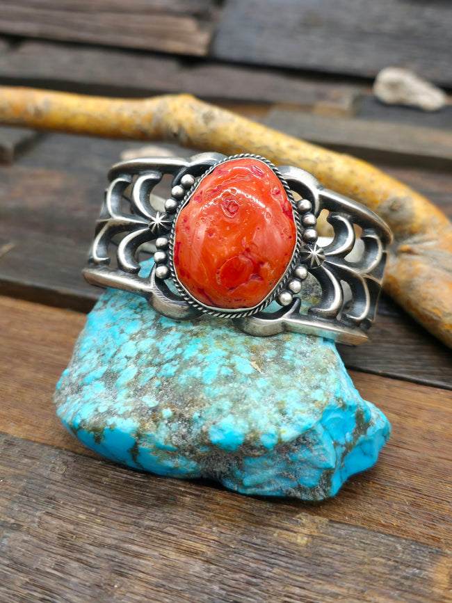 Cast Sterling Silver Coral Cuff by Harrison Bitsue - 8 in.