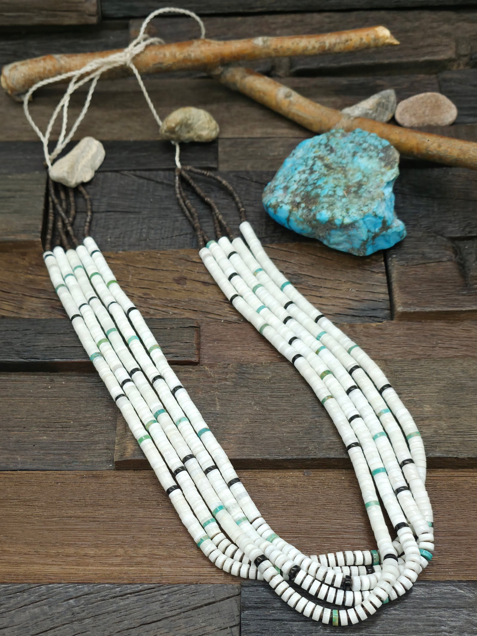Five Strand White Clam, Jet, Turquoise, and Olive Shell Heishi Necklace by Santiago Bailon - 30 in.