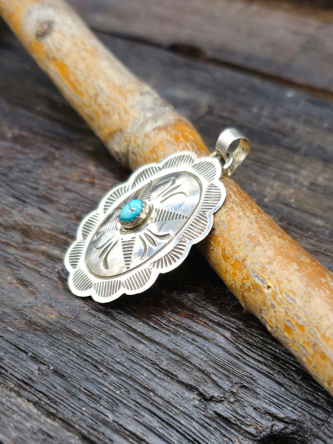 Stamped Sterling Silver and Turquoise Pendant by Bertha Begay