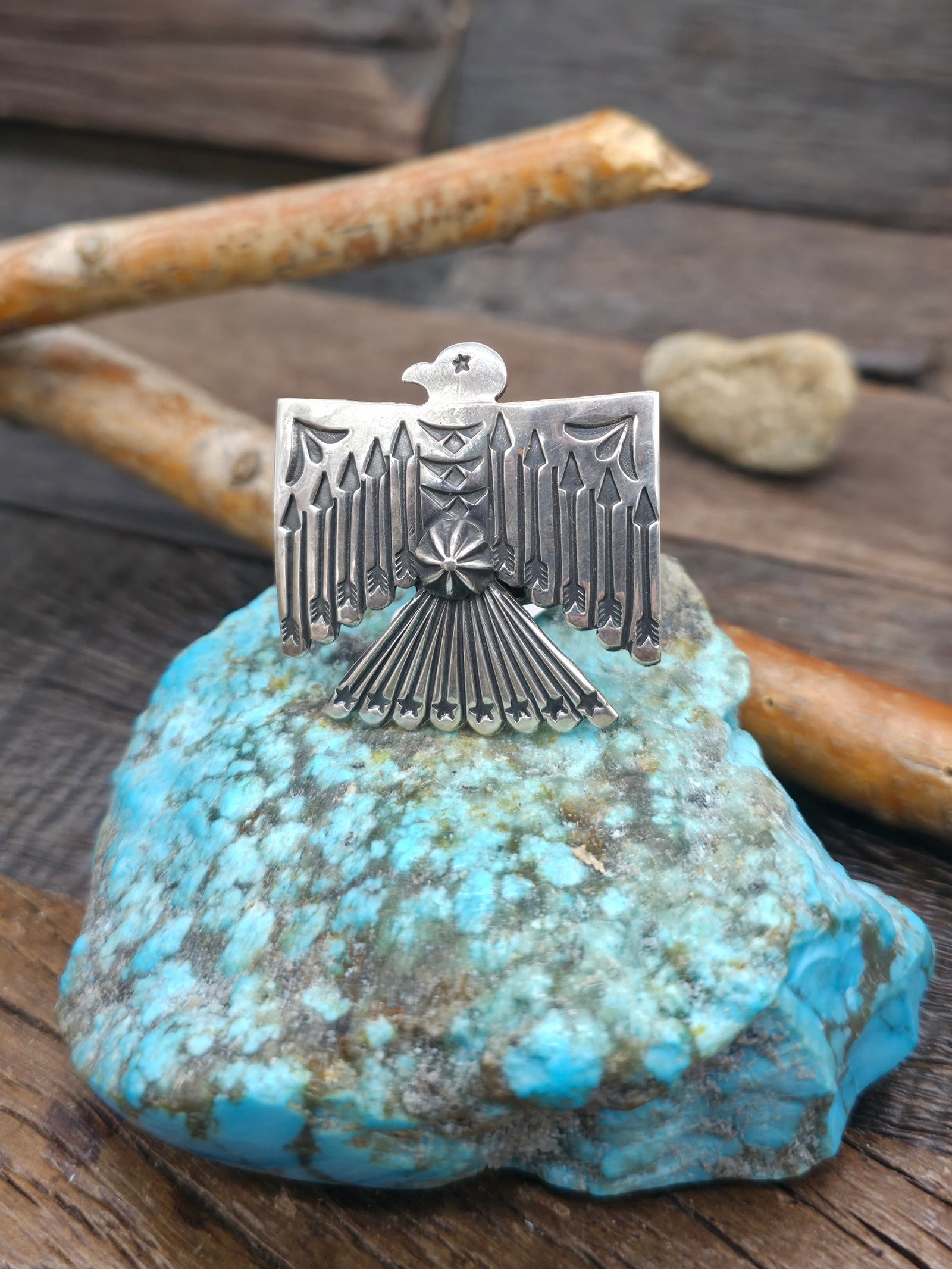 Stamped Sterling Silver Thunderbird Ring by Sunshine Reeves - Arrows - Adjustable