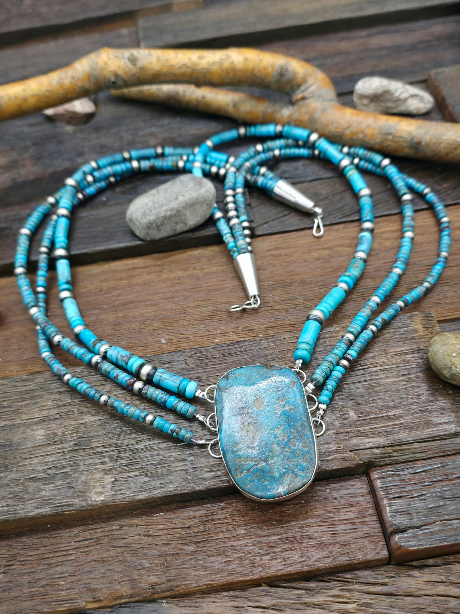 Three Strand Turquoise and Sterling Silver Necklace w/Pendant - 24 in.