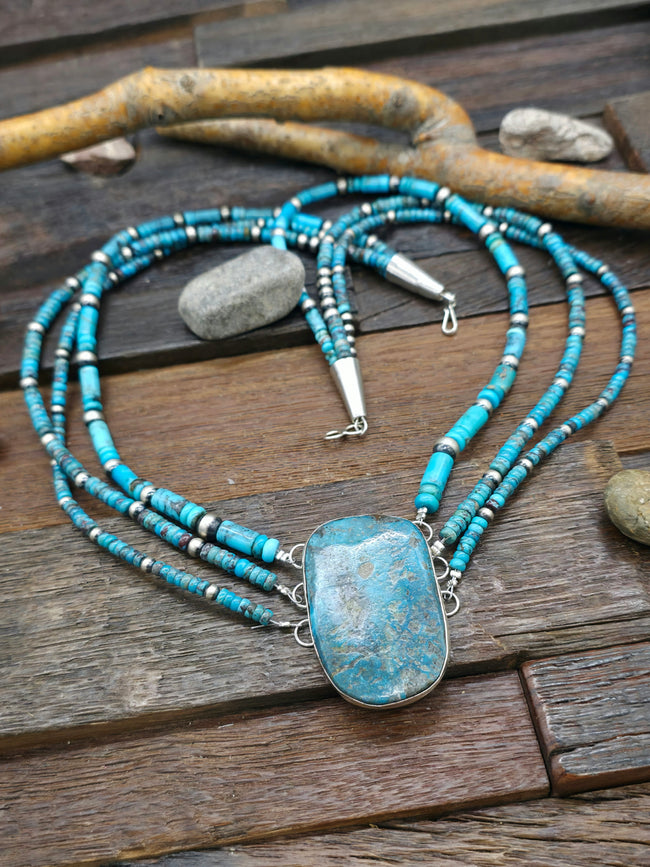 Three Strand Turquoise and Sterling Silver Necklace w/Pendant - 24 in.