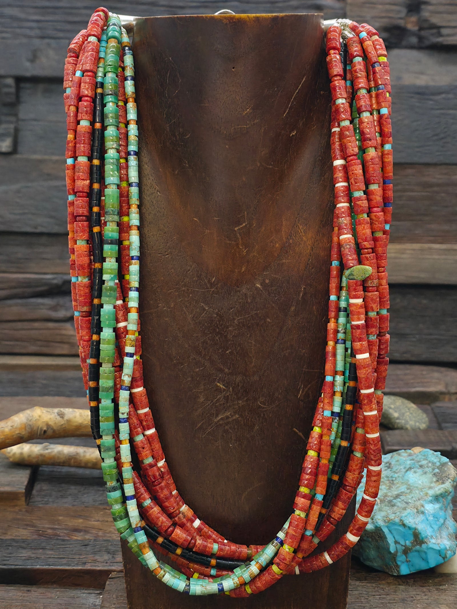 10 Strand Turquoise Jet Apple Coral Necklace  by Fred Archuleta - 22 in. w/6 in. Extender