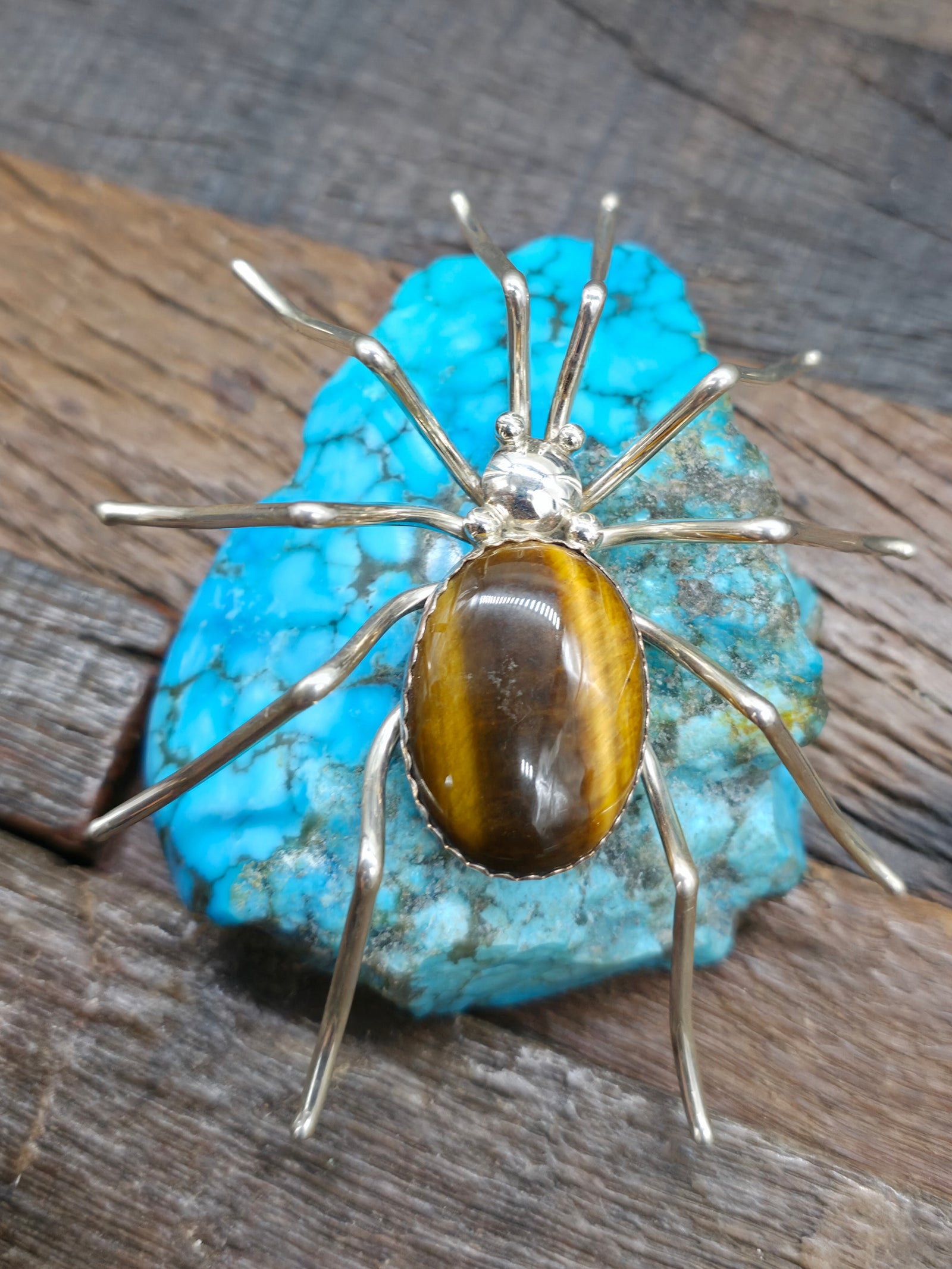 Large Sterling Silver and Tiger's Eye Spider Pin by Effie Spencer - 3 3/4 in. by 4 in.