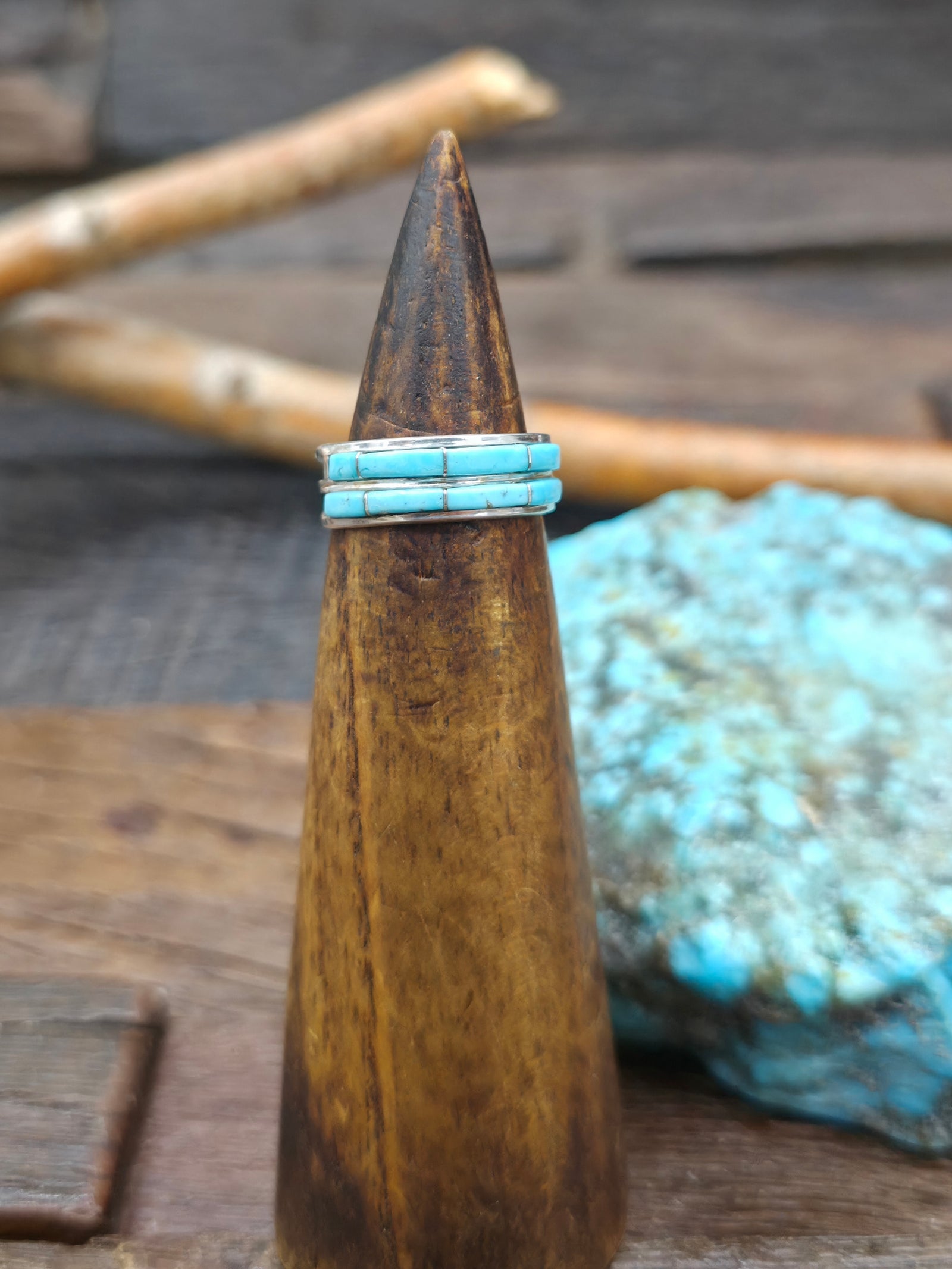 Two Row Sterling Silver Turquoise Inlay Ring by Jamie Johnson - Size 6 1/2