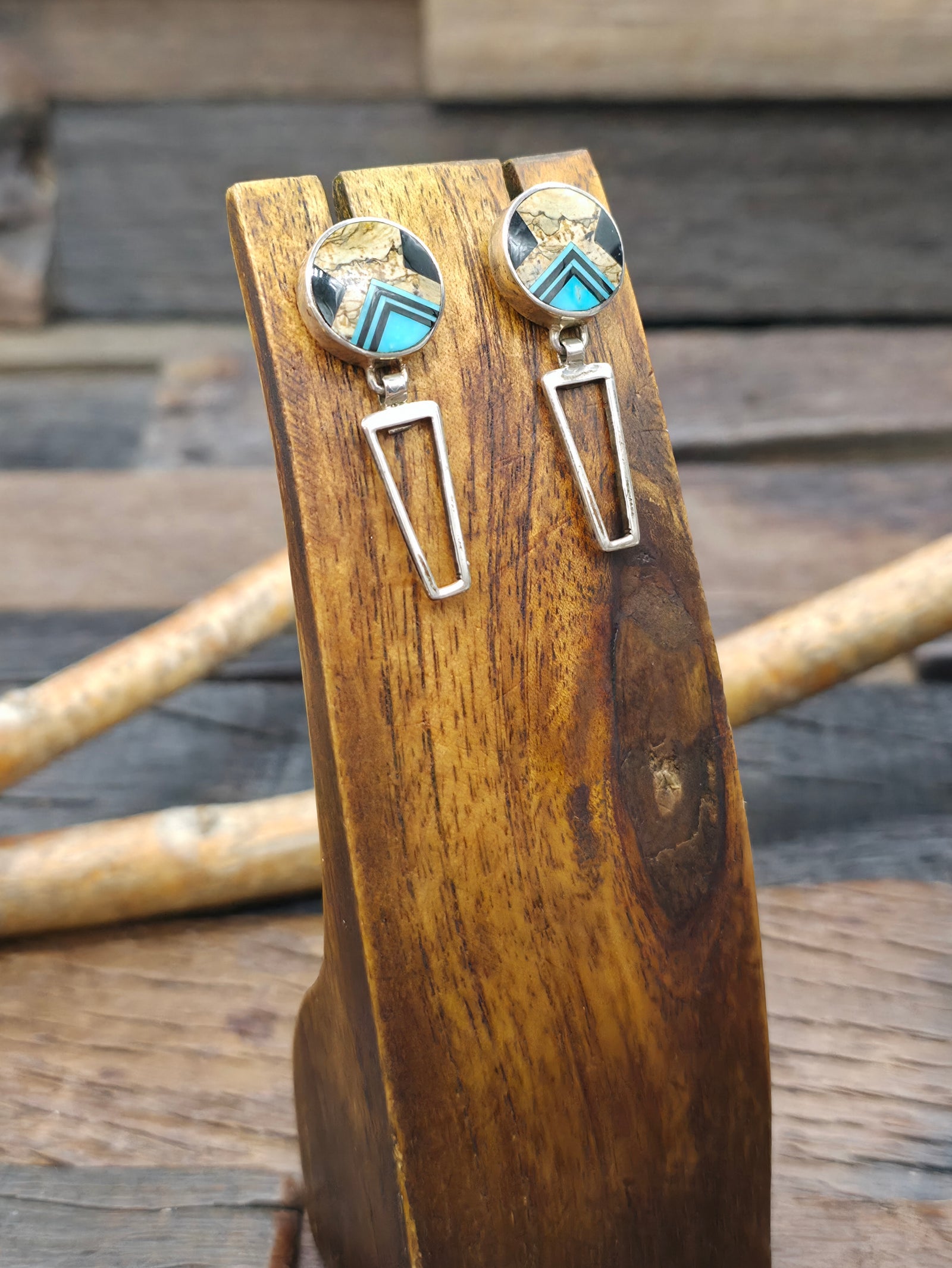 Turquoise, Jet, and Picasso Marble Inlay Sterling Silver Post Dangle Earrings