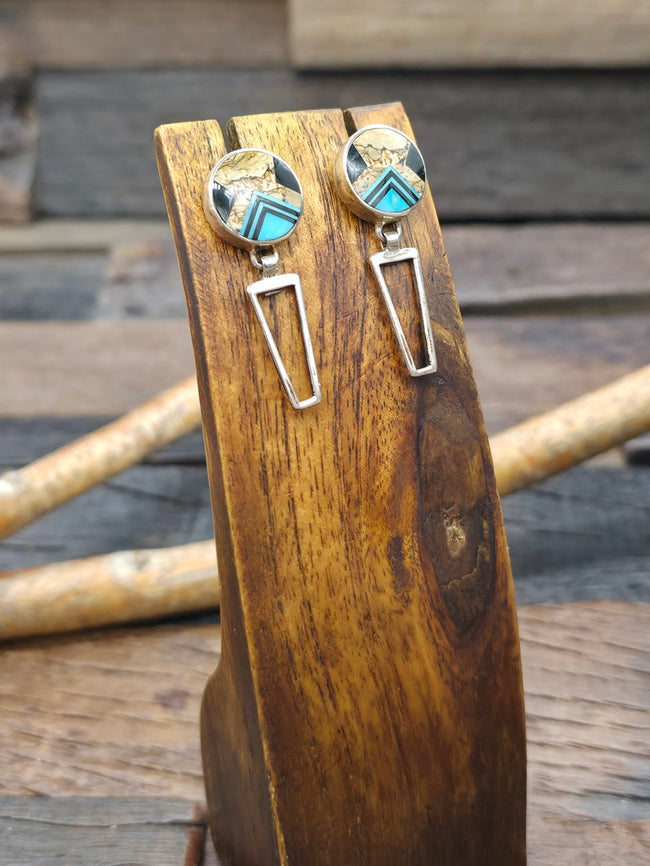 Turquoise, Jet, and Picasso Marble Inlay Sterling Silver Post Dangle Earrings