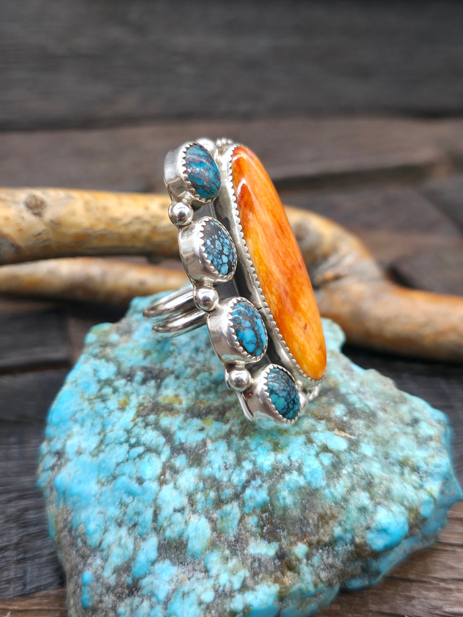 Sterling Silver Spiny Oyster and Turquoise Statement Ring by Delbert Secatero - Adjustable
