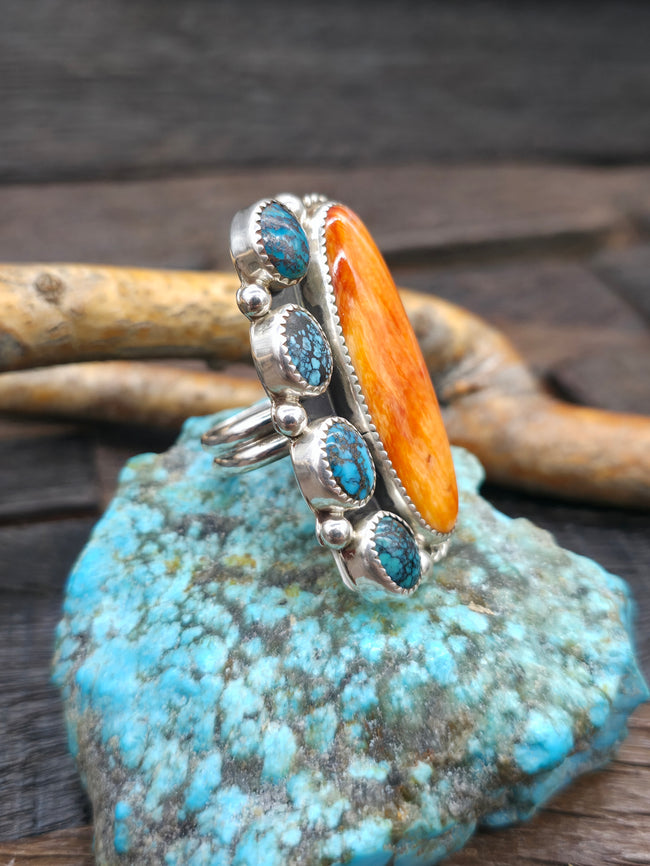 Sterling Silver Spiny Oyster and Turquoise Statement Ring by Delbert Secatero - Adjustable