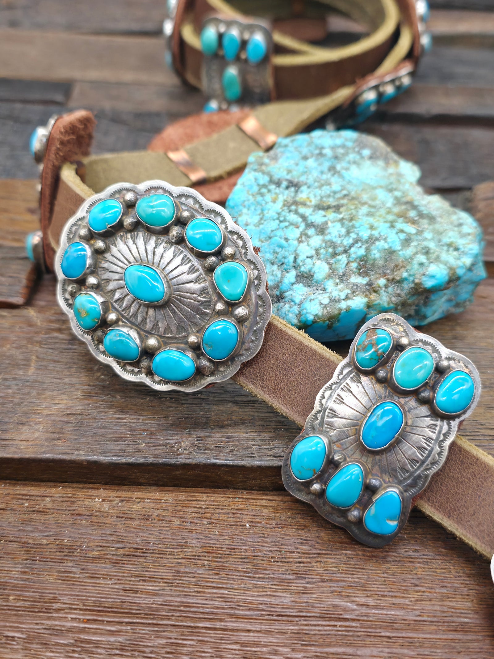 Stamped Sterling Silver and Turquoise Concho Belt by Dan Morgan - 52 in.