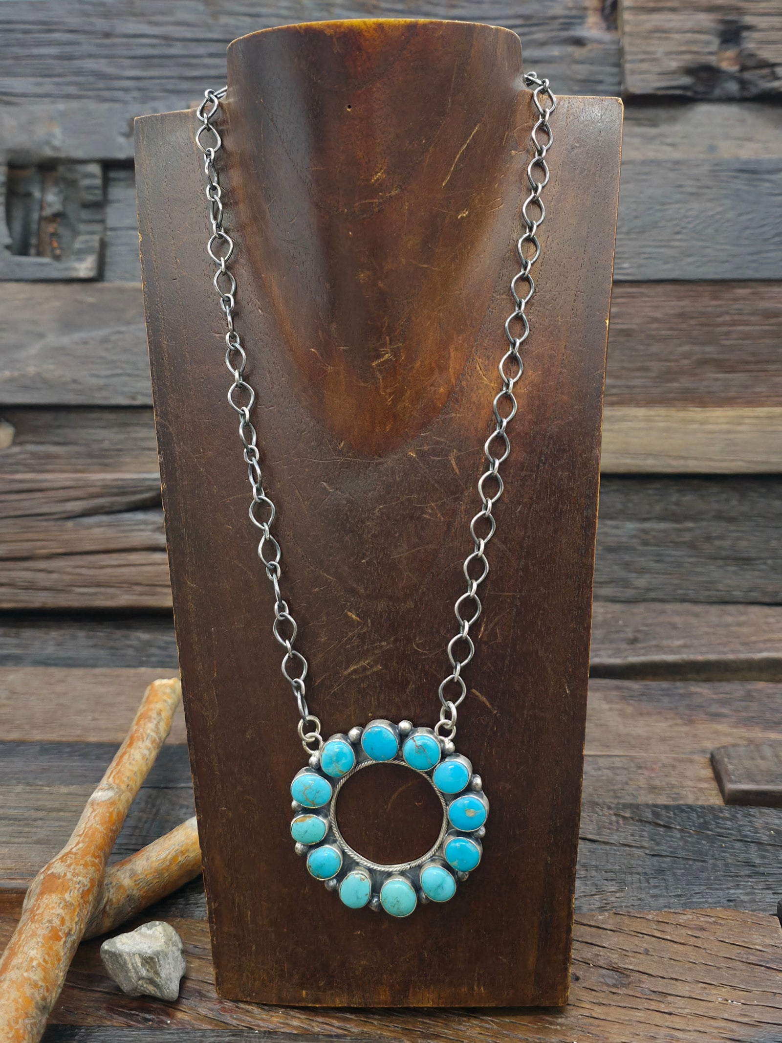 Oxidized Sterling Silver Turquoise Circle Pendant Necklace by Louise Jim - 19 in.
