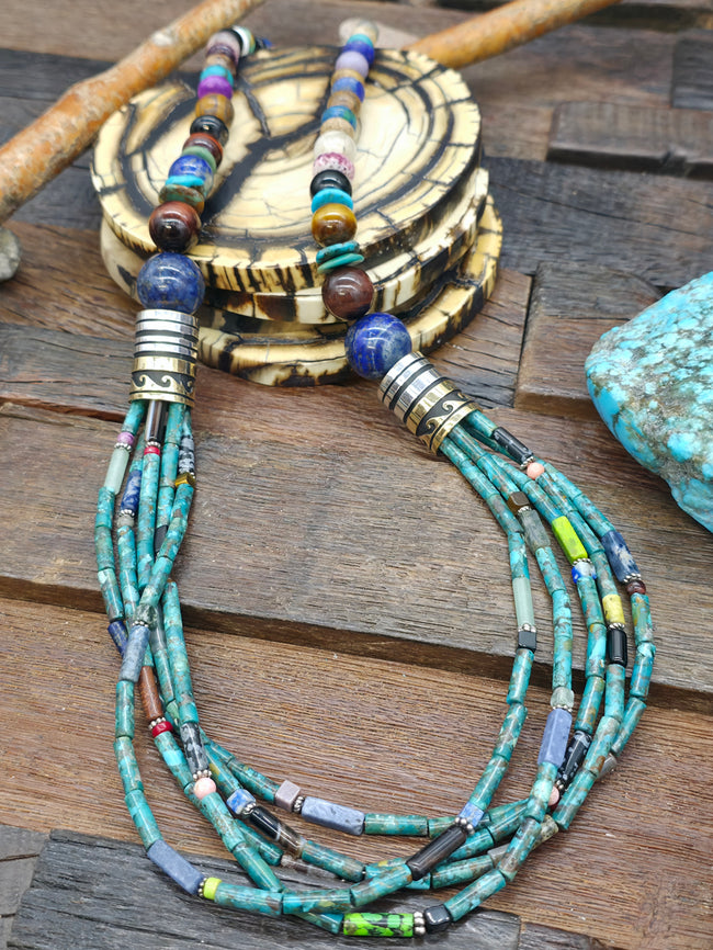 Five Strand Turquose, Mixed Stone and Sterling Silver Necklace by Rose Singer - 30 in.