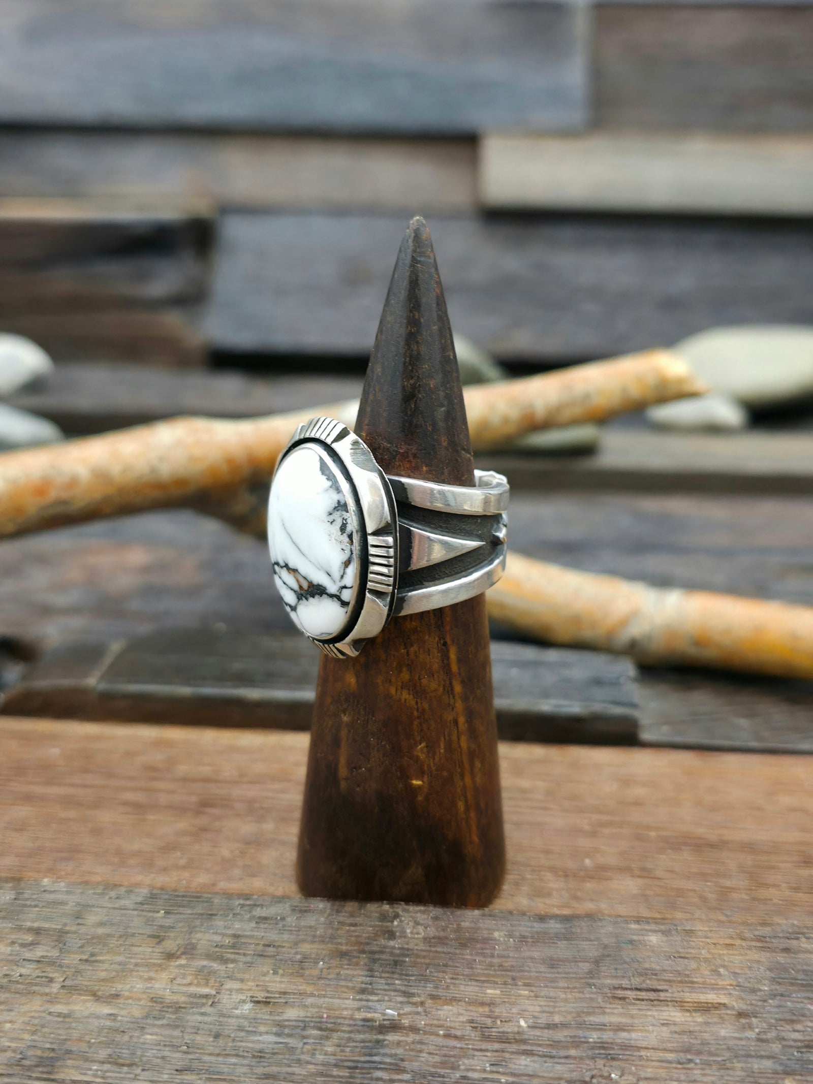 Wide White Buffalo and Sterling Silver Ring by C. Willie - Size 12
