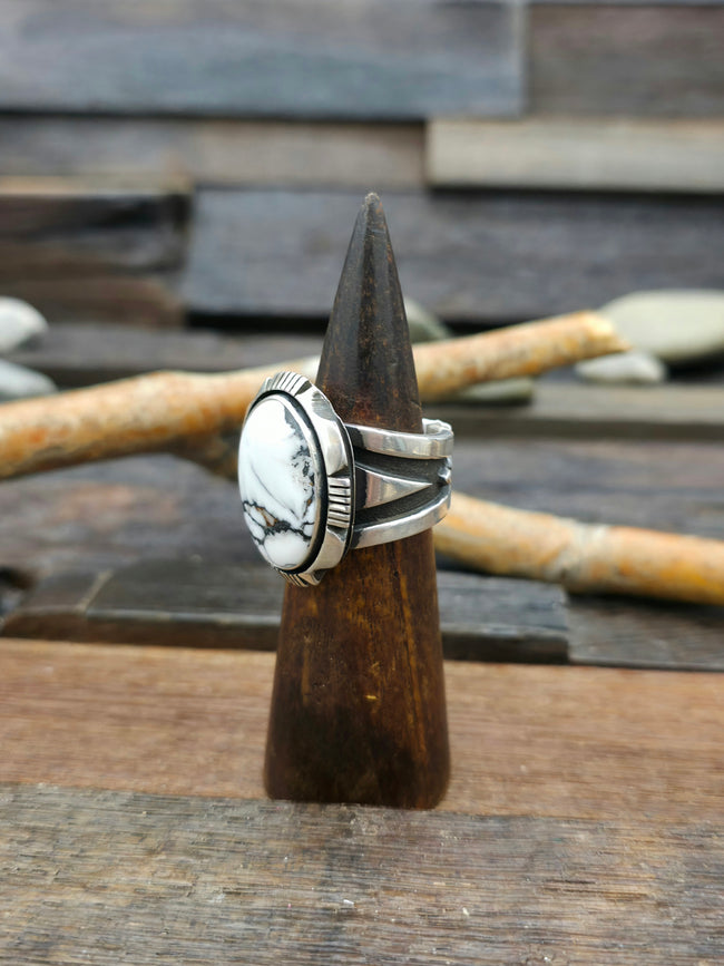 Wide White Buffalo and Sterling Silver Ring by C. Willie - Size 12