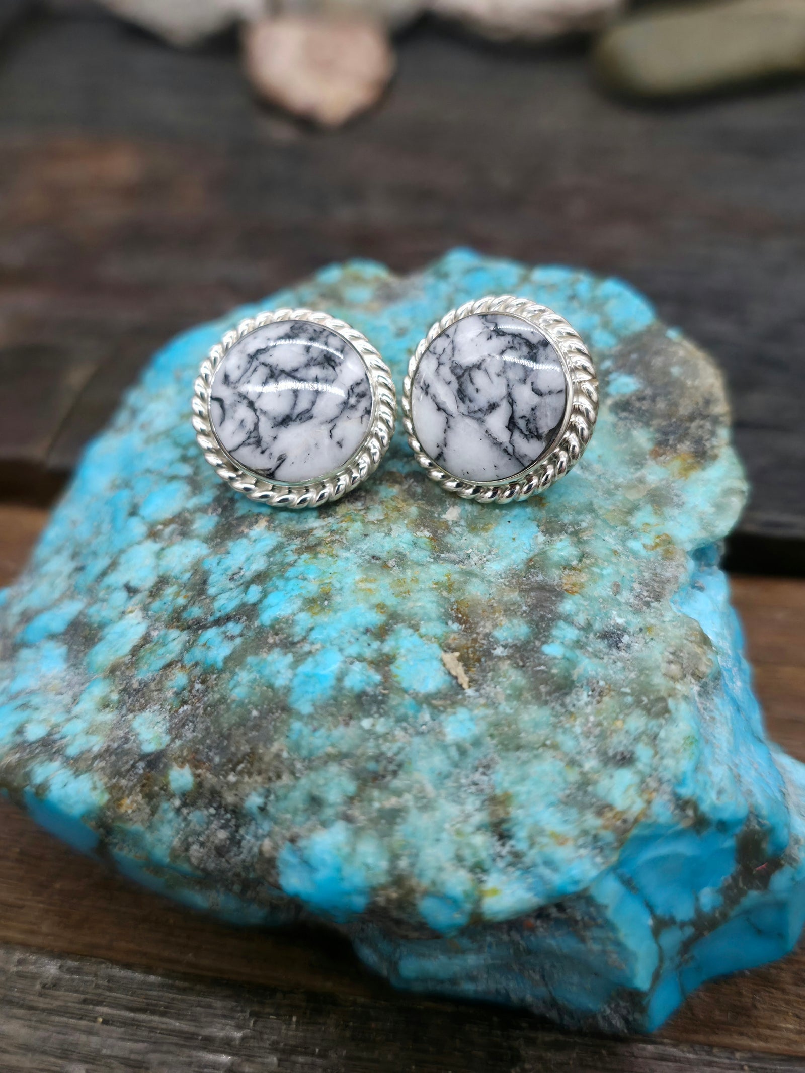 Round Sterling Silver White Feather Jasper Earrings by Nikoli Ashley
