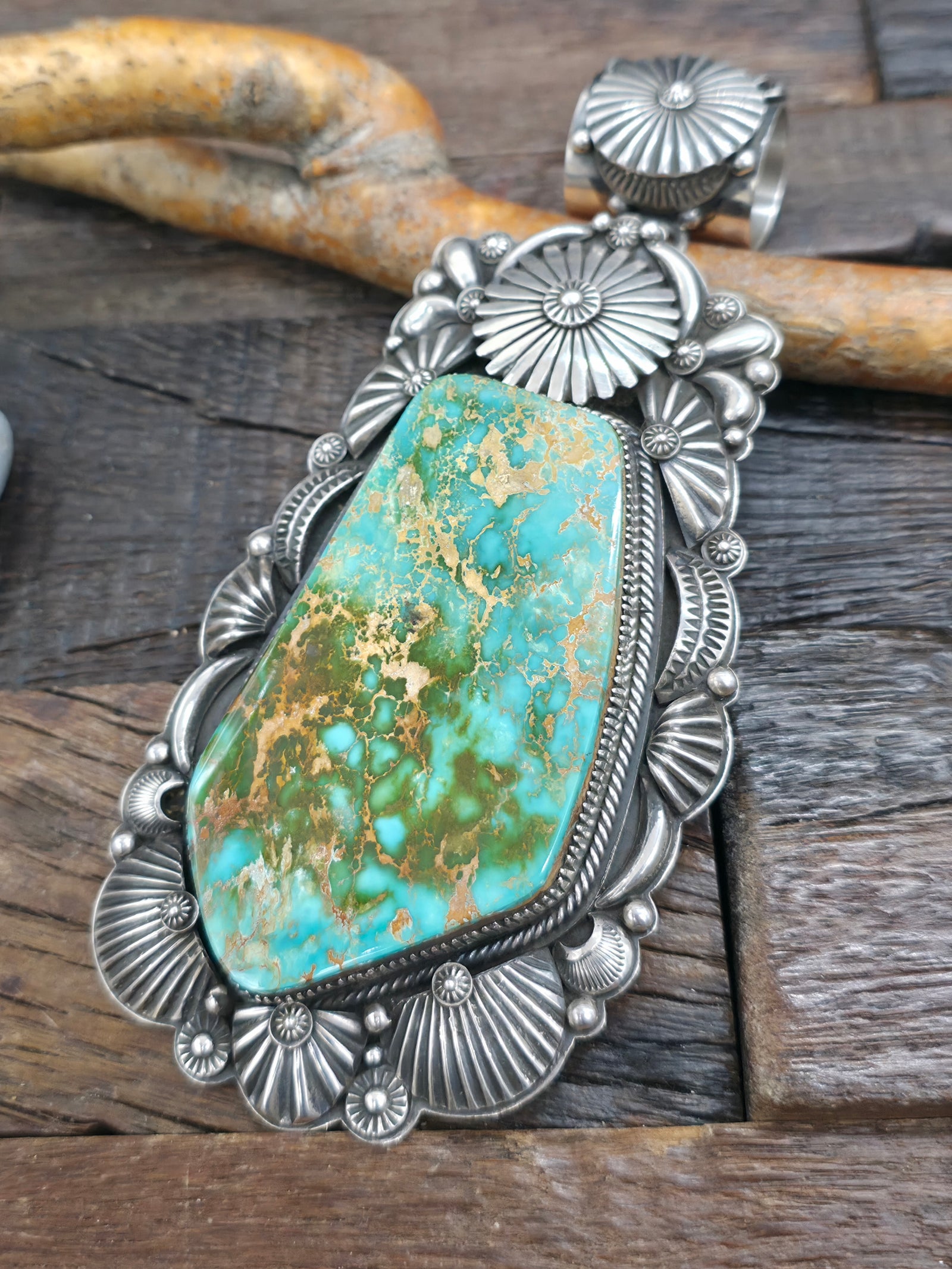 Repousse Stamped Sterling Silver Royston Turquoise Pendant by Delbert Gordon - 6 in. by 2 1/2 in.