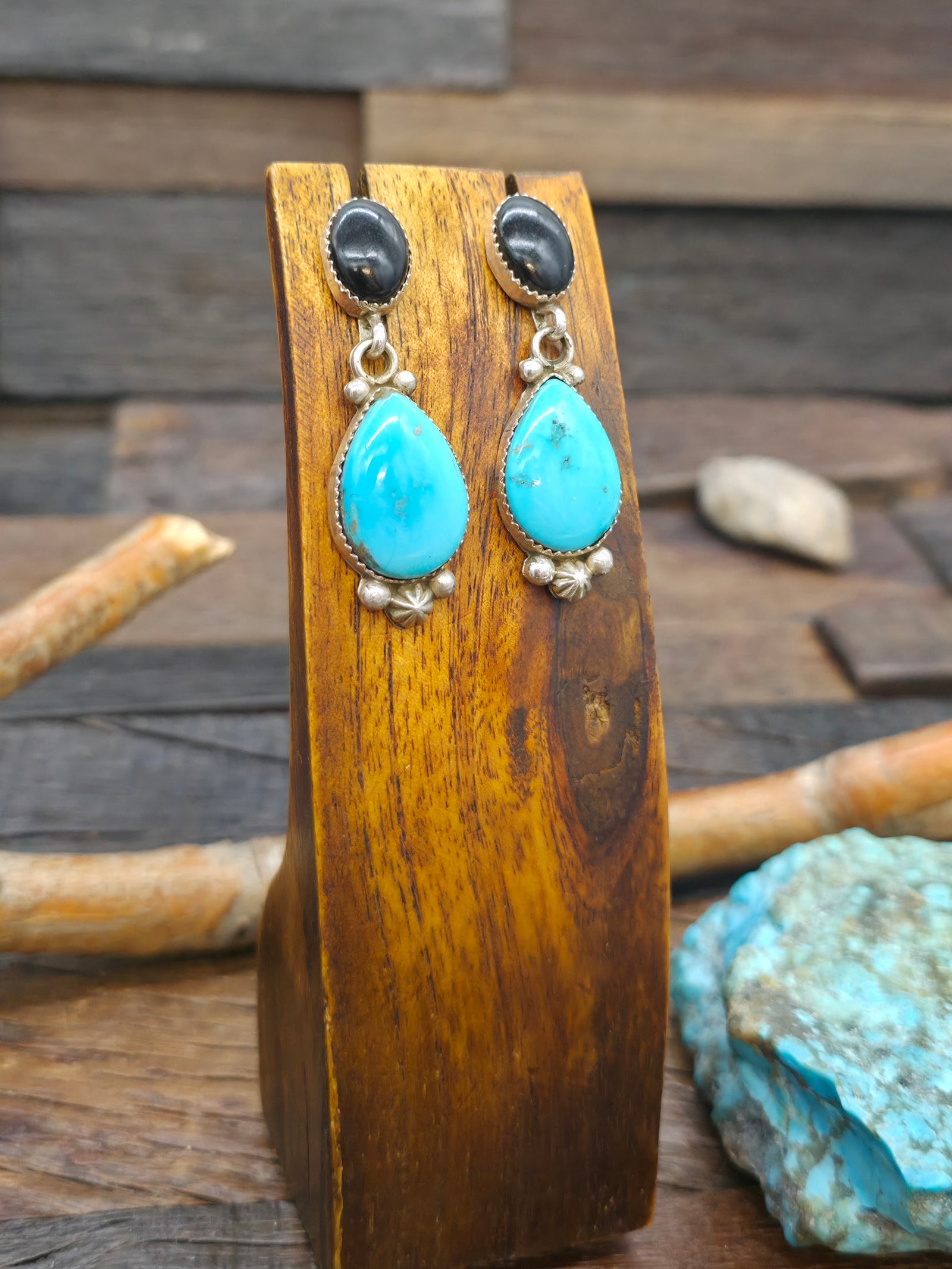 Sterling Silver Turquoise And Jet Post Dangle Earrings by Richard Jim - 2 in. by 3/4 in.