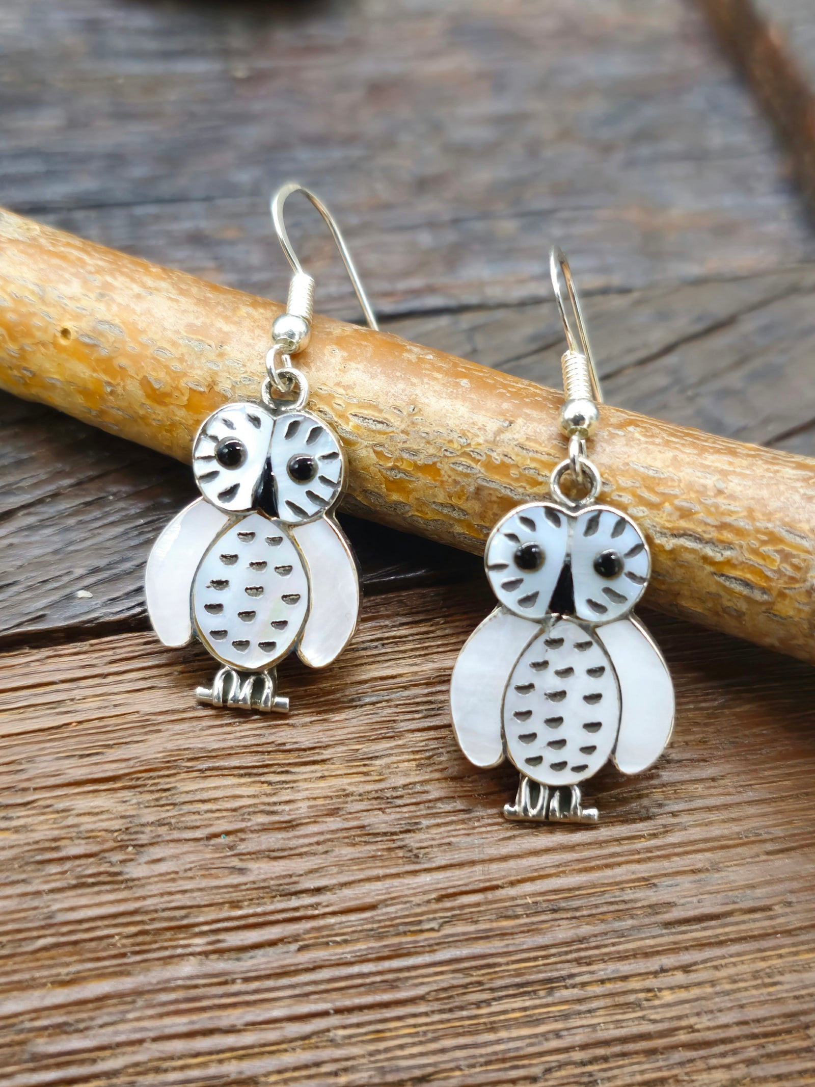Mother of Pearl Inlay Owl Earrings by Regenda Kallestowa